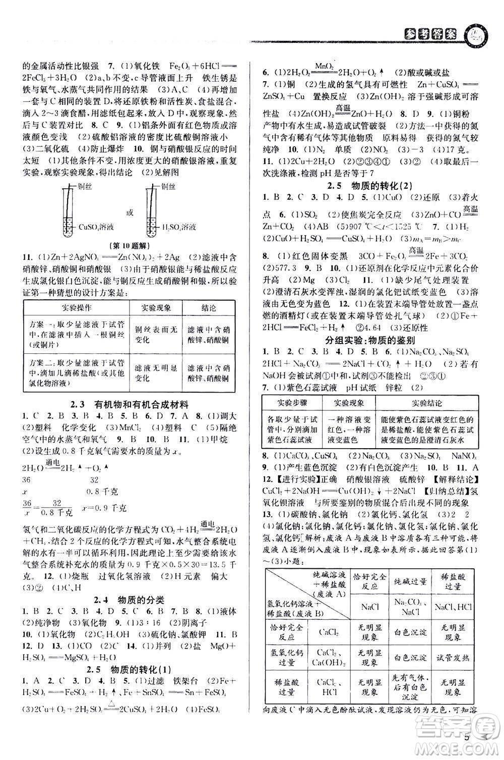 2020秋教與學(xué)課程同步講練九年級科學(xué)全一冊浙教版參考答案