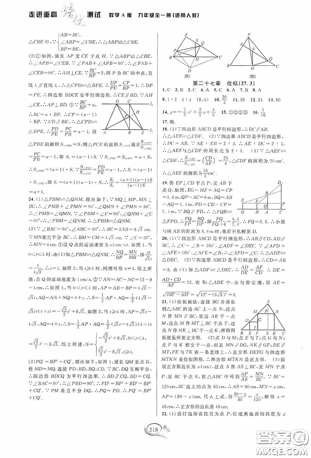 華東師范大學(xué)出版社2020走進重高培優(yōu)測試九年級數(shù)學(xué)全一冊人教版A版答案