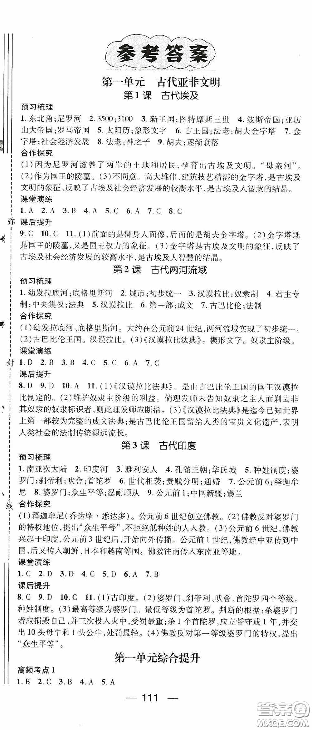 陽光出版社2020精英新課堂九年級(jí)歷史上冊(cè)人教版答案