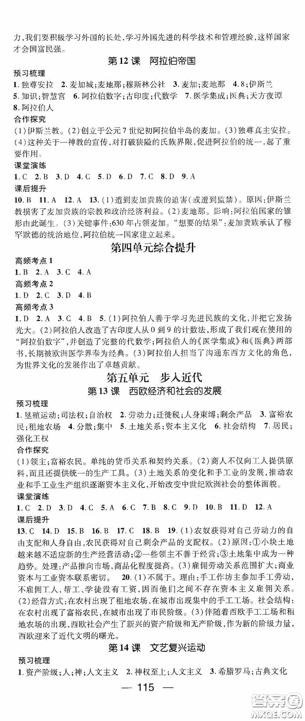 陽光出版社2020精英新課堂九年級(jí)歷史上冊(cè)人教版答案