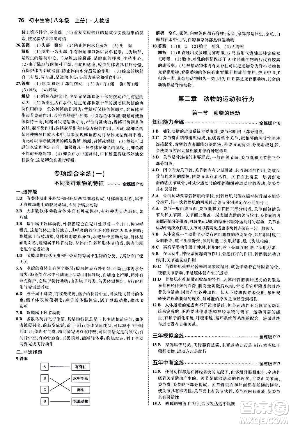 教育科學(xué)出版社2020秋5年中考3年模擬全練版初中生物八年級上冊人教版參考答案