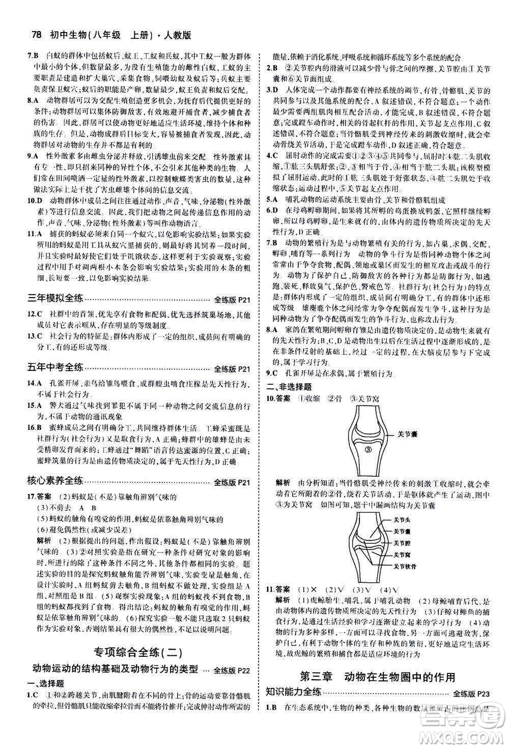 教育科學(xué)出版社2020秋5年中考3年模擬全練版初中生物八年級上冊人教版參考答案