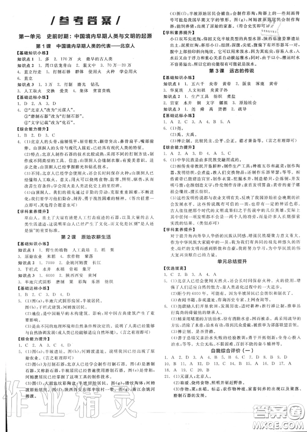 陽光出版社2020秋全品作業(yè)本七年級歷史上冊人教版答案