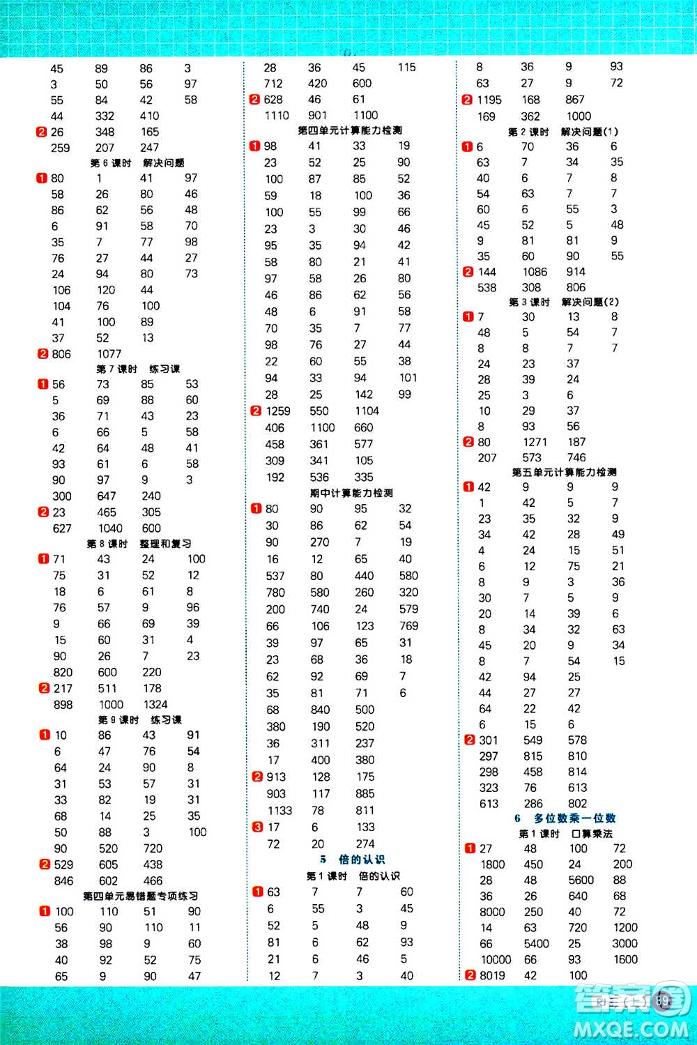 江西教育出版社2020年陽光同學(xué)計算小達(dá)人數(shù)學(xué)三年級上冊RJ人教版參考答案