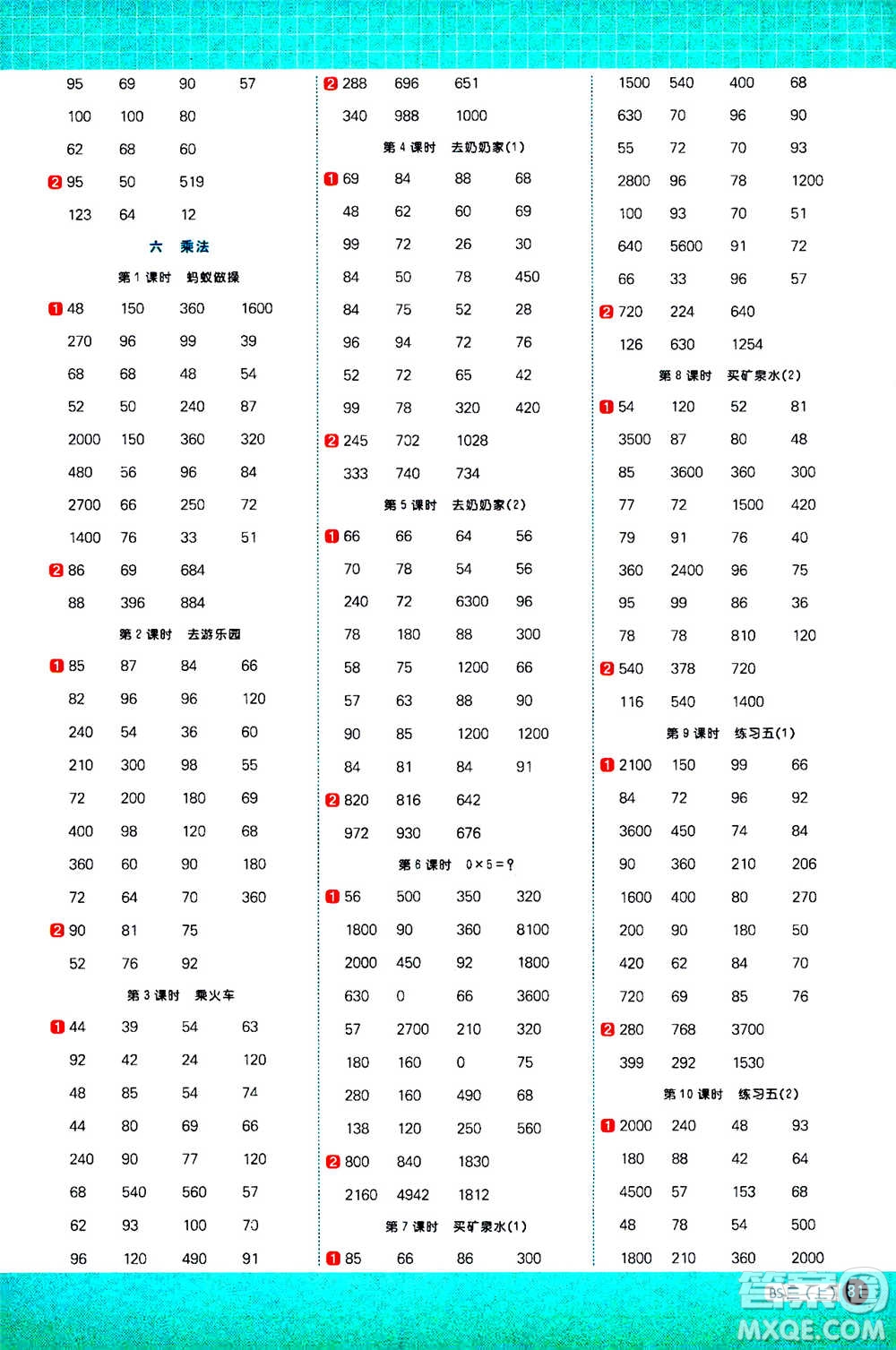 江西教育出版社2020年陽光同學計算小達人數(shù)學三年級上冊BS北師版參考答案