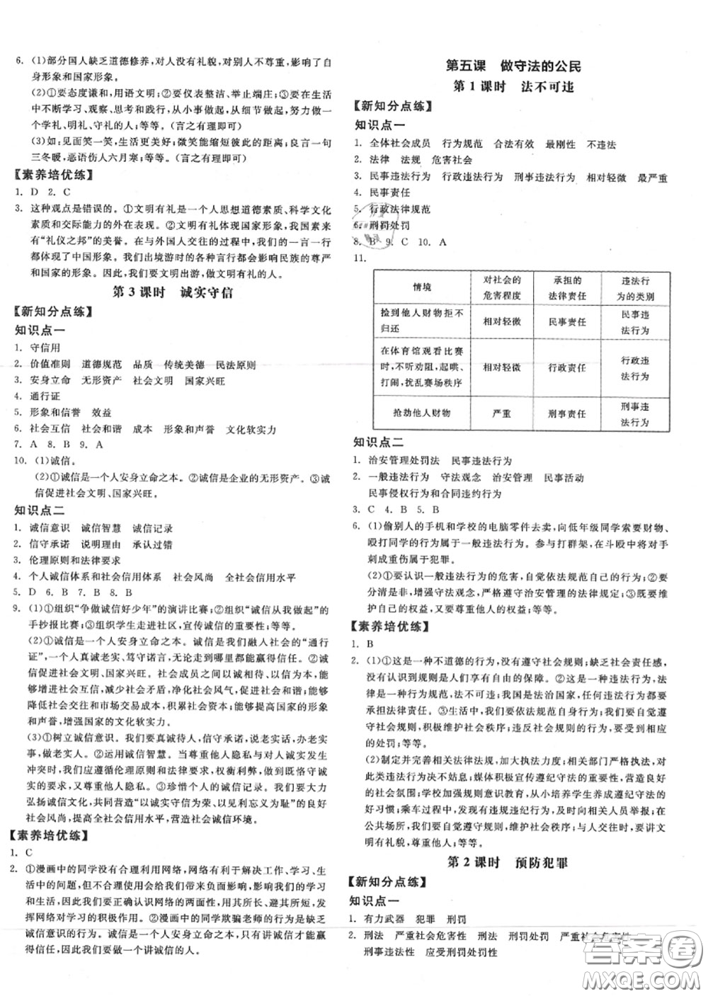 陽(yáng)光出版社2020秋全品作業(yè)本八年級(jí)道德與法治上冊(cè)人教版答案