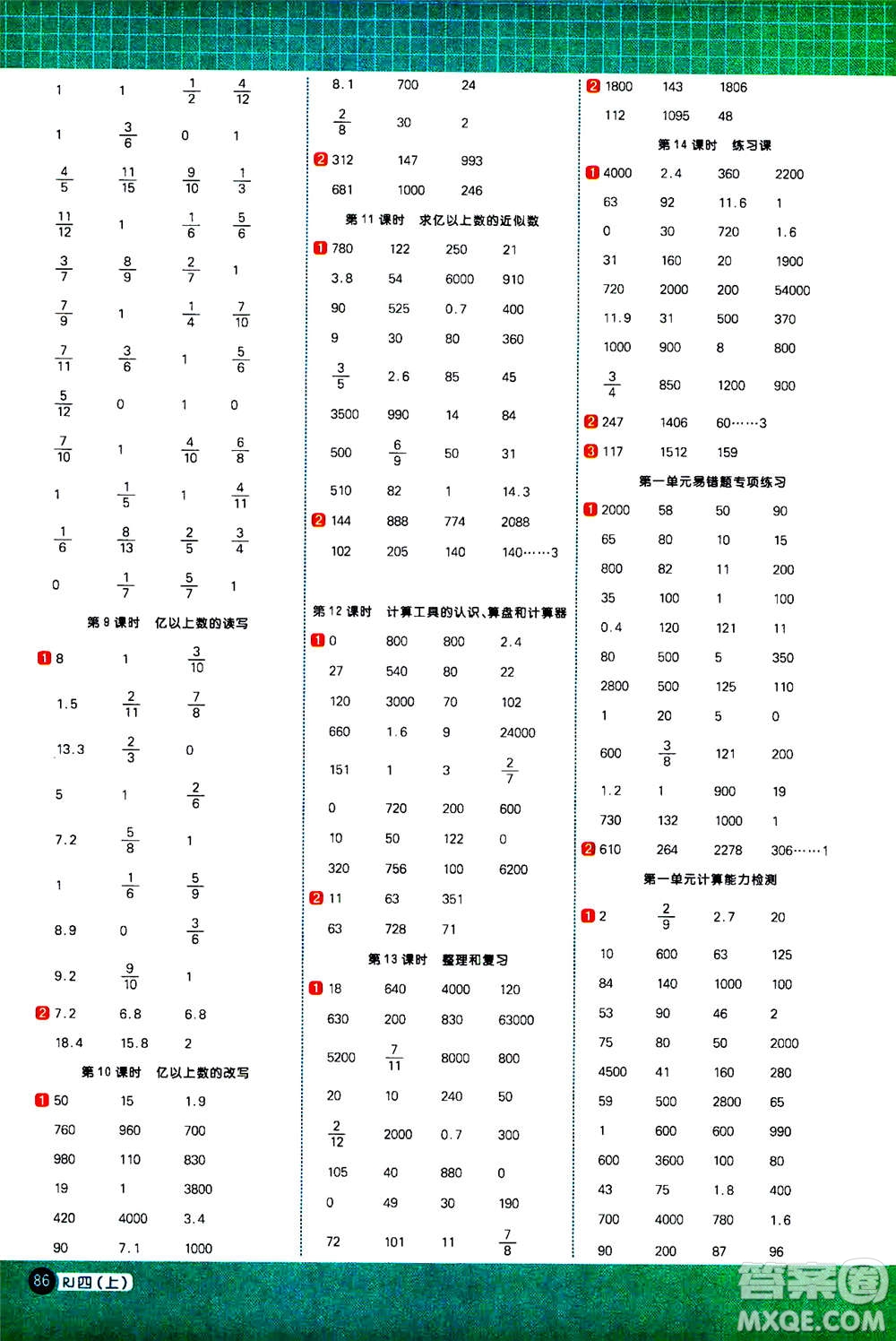 江西教育出版社2020年陽光同學(xué)計(jì)算小達(dá)人數(shù)學(xué)四年級上冊RJ人教版參考答案