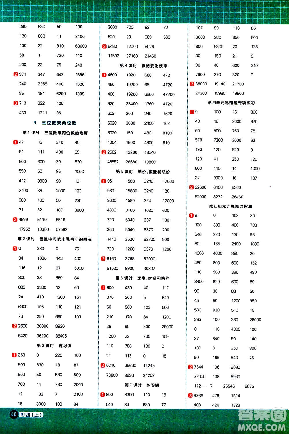 江西教育出版社2020年陽光同學(xué)計(jì)算小達(dá)人數(shù)學(xué)四年級上冊RJ人教版參考答案