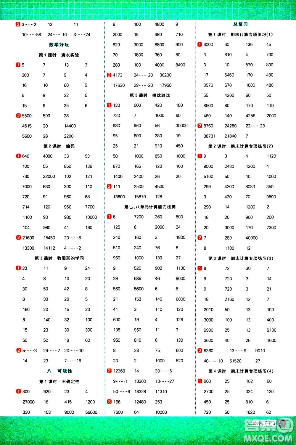 江西教育出版社2020年陽光同學(xué)計算小達(dá)人數(shù)學(xué)四年級上冊BS北師版參考答案