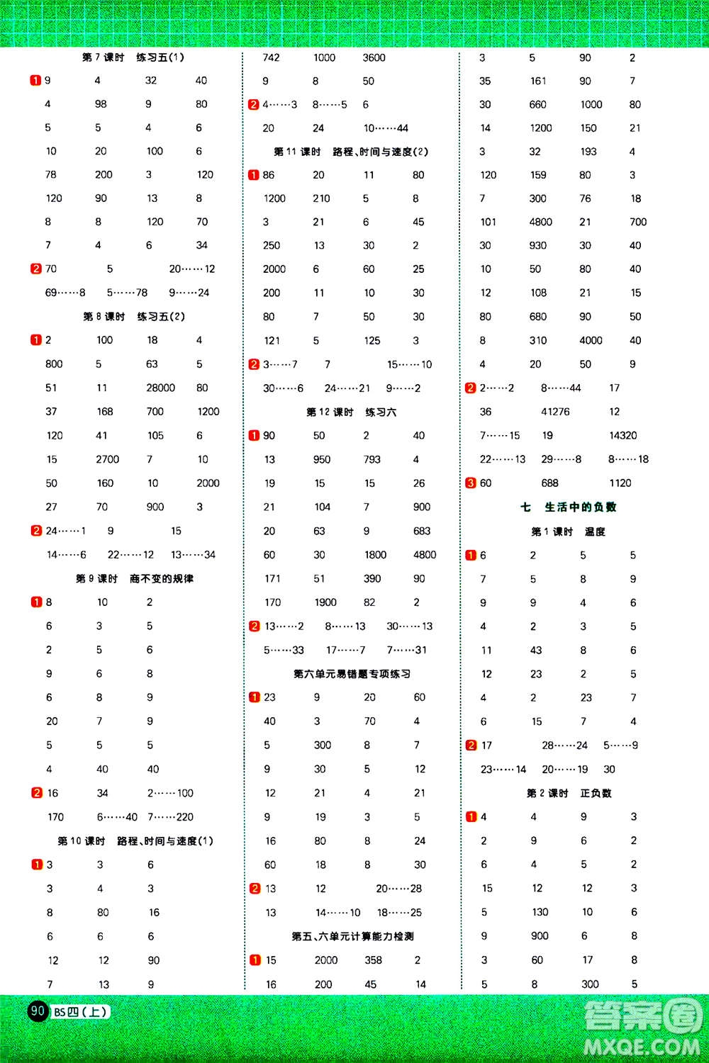 江西教育出版社2020年陽光同學(xué)計算小達(dá)人數(shù)學(xué)四年級上冊BS北師版參考答案