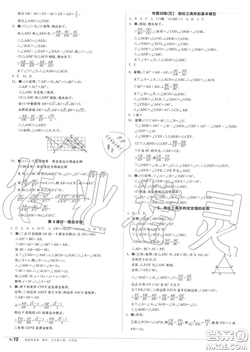 陽光出版社2020秋全品作業(yè)本九年級數(shù)學(xué)上冊北師版答案