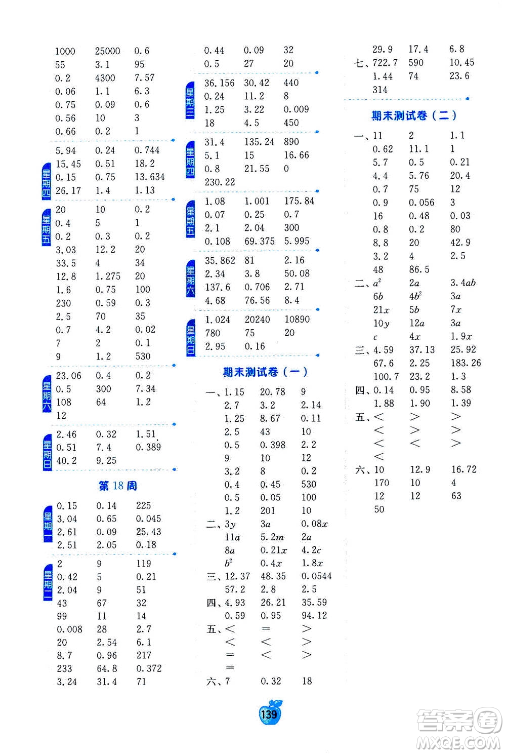 江蘇人民出版社2020年小學數(shù)學計算高手五年級上冊江蘇專用參考答案