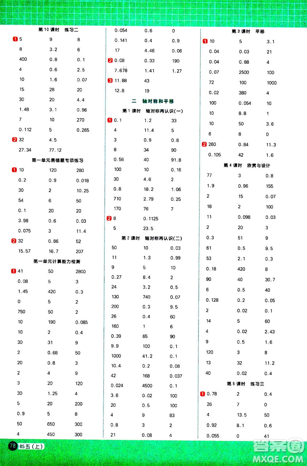 江西教育出版社2020年陽光同學(xué)計(jì)算小達(dá)人數(shù)學(xué)五年級上冊BS北師版參考答案