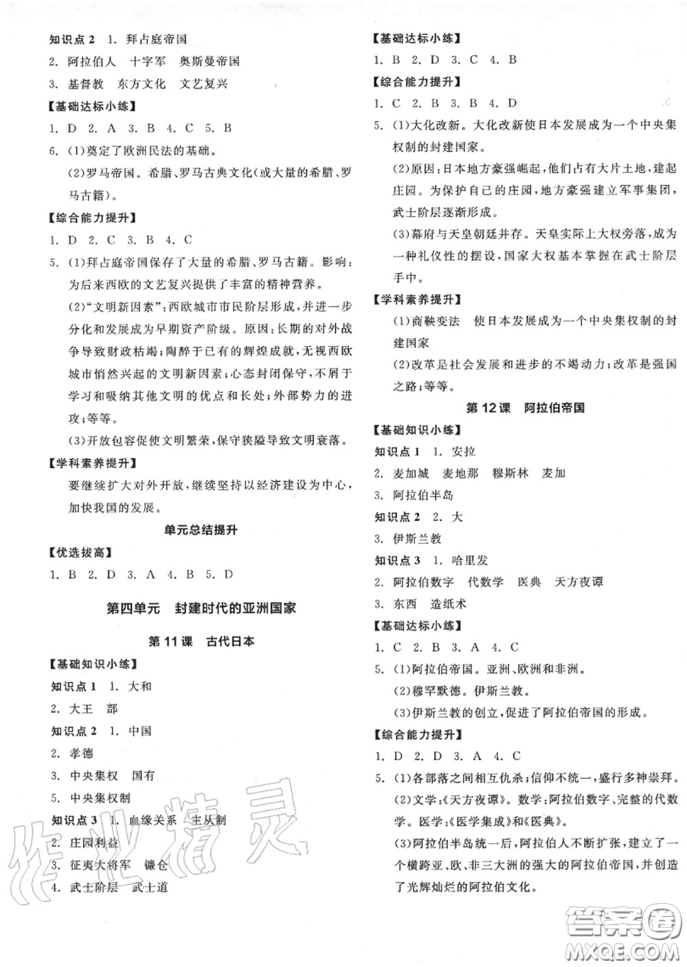 陽光出版社2020秋全品作業(yè)本九年級歷史上冊人教版答案