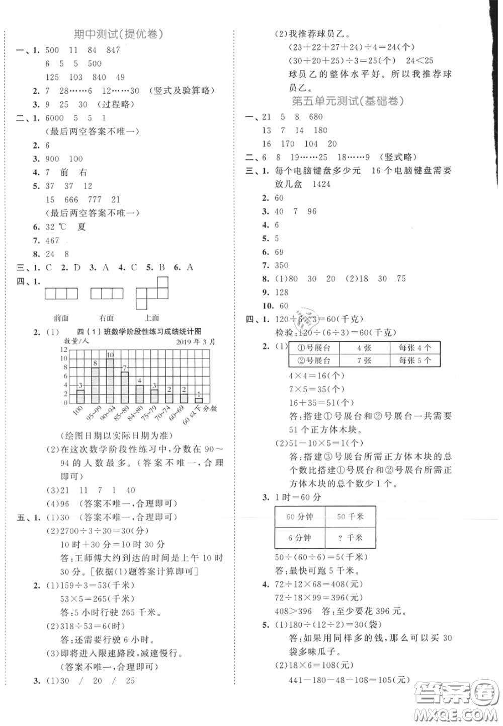 西安出版社曲一線2020秋小兒郎53全優(yōu)卷四年級數(shù)學(xué)上冊蘇教版答案