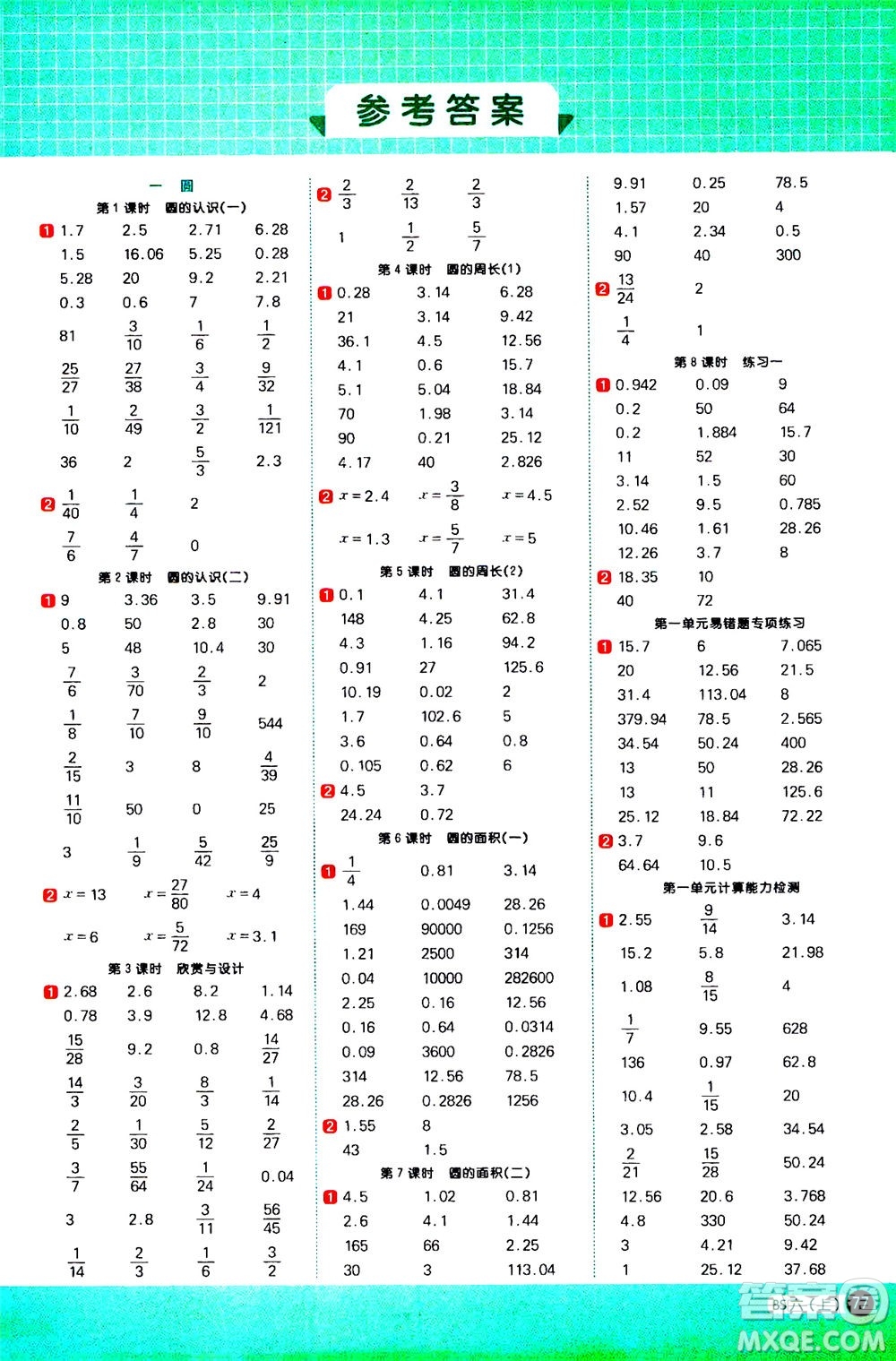 江西教育出版社2020年陽光同學(xué)計(jì)算小達(dá)人數(shù)學(xué)六年級(jí)上冊(cè)BS北師版參考答案