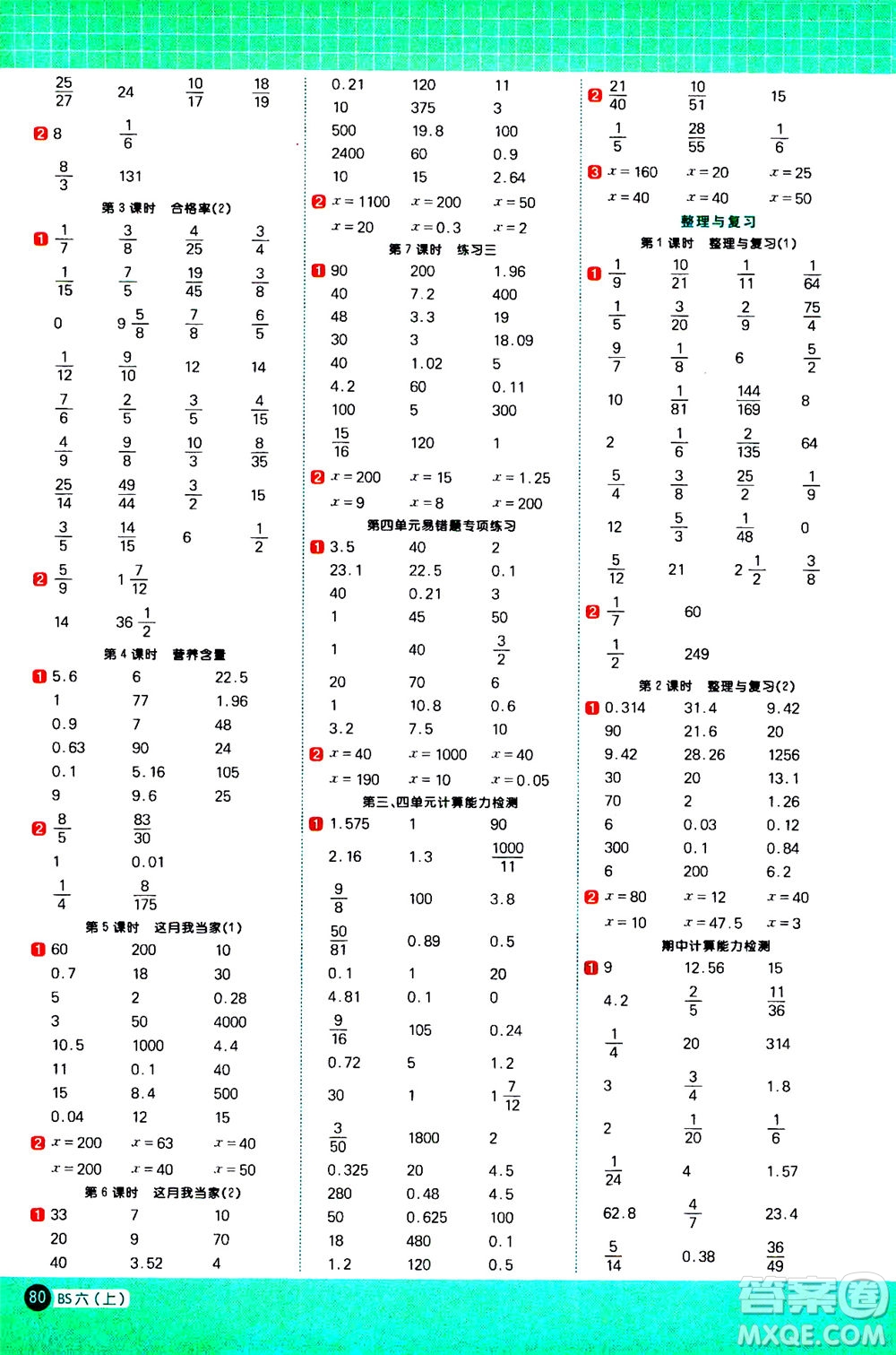 江西教育出版社2020年陽光同學(xué)計(jì)算小達(dá)人數(shù)學(xué)六年級(jí)上冊(cè)BS北師版參考答案