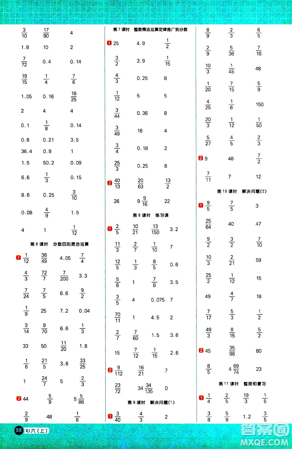 江西教育出版社2020年陽光同學計算小達人數(shù)學六年級上冊RJ人教版參考答案