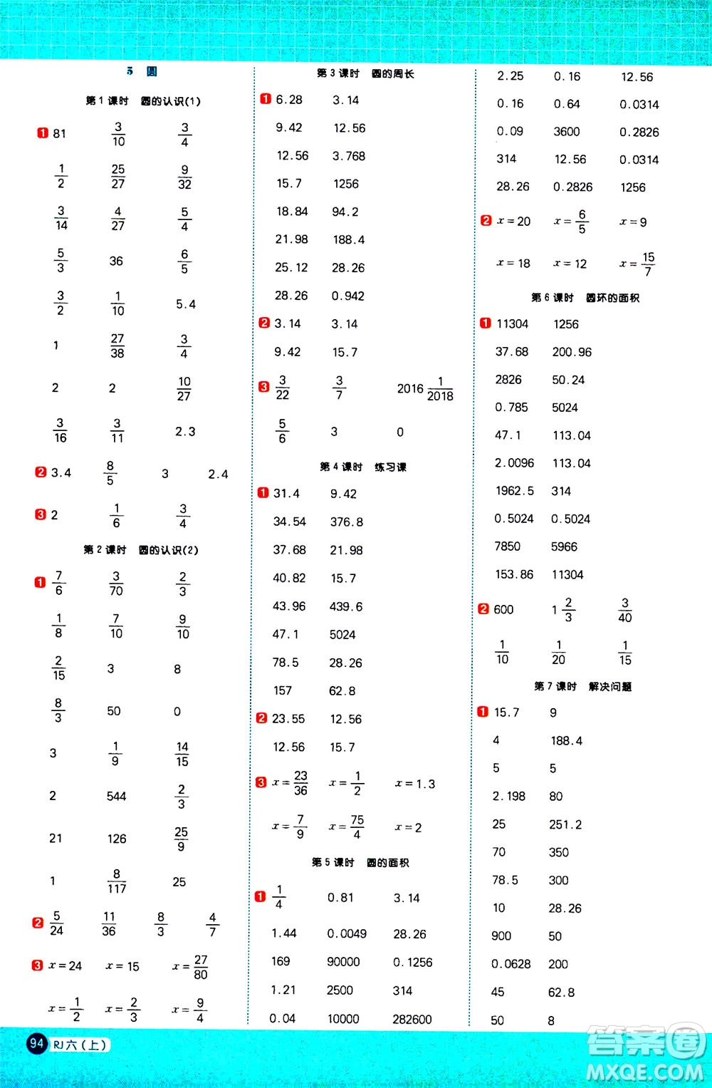 江西教育出版社2020年陽光同學計算小達人數(shù)學六年級上冊RJ人教版參考答案