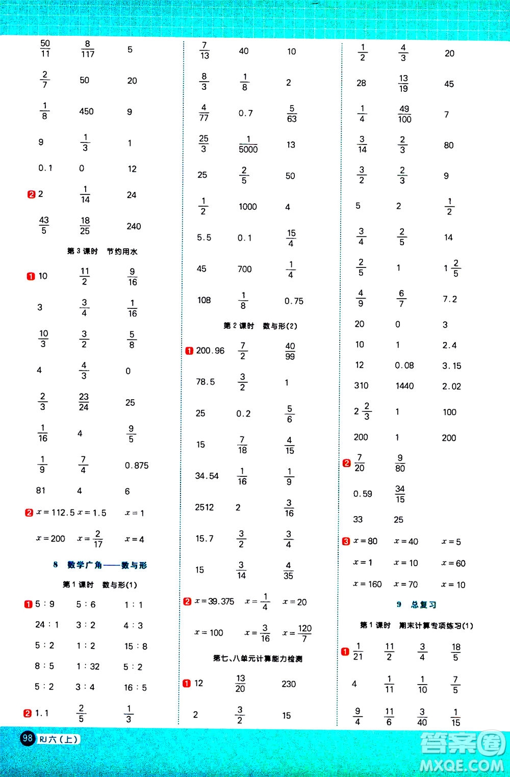 江西教育出版社2020年陽光同學計算小達人數(shù)學六年級上冊RJ人教版參考答案