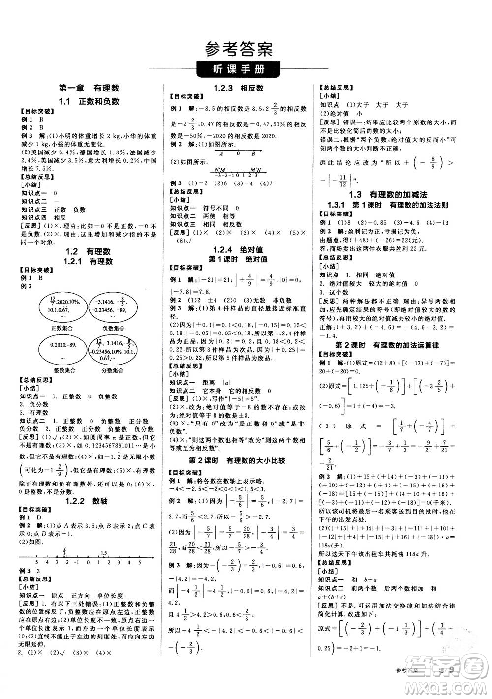 陽光出版社2020年全品學(xué)練考七年級上冊數(shù)學(xué)新課標RJ人教版參考答案