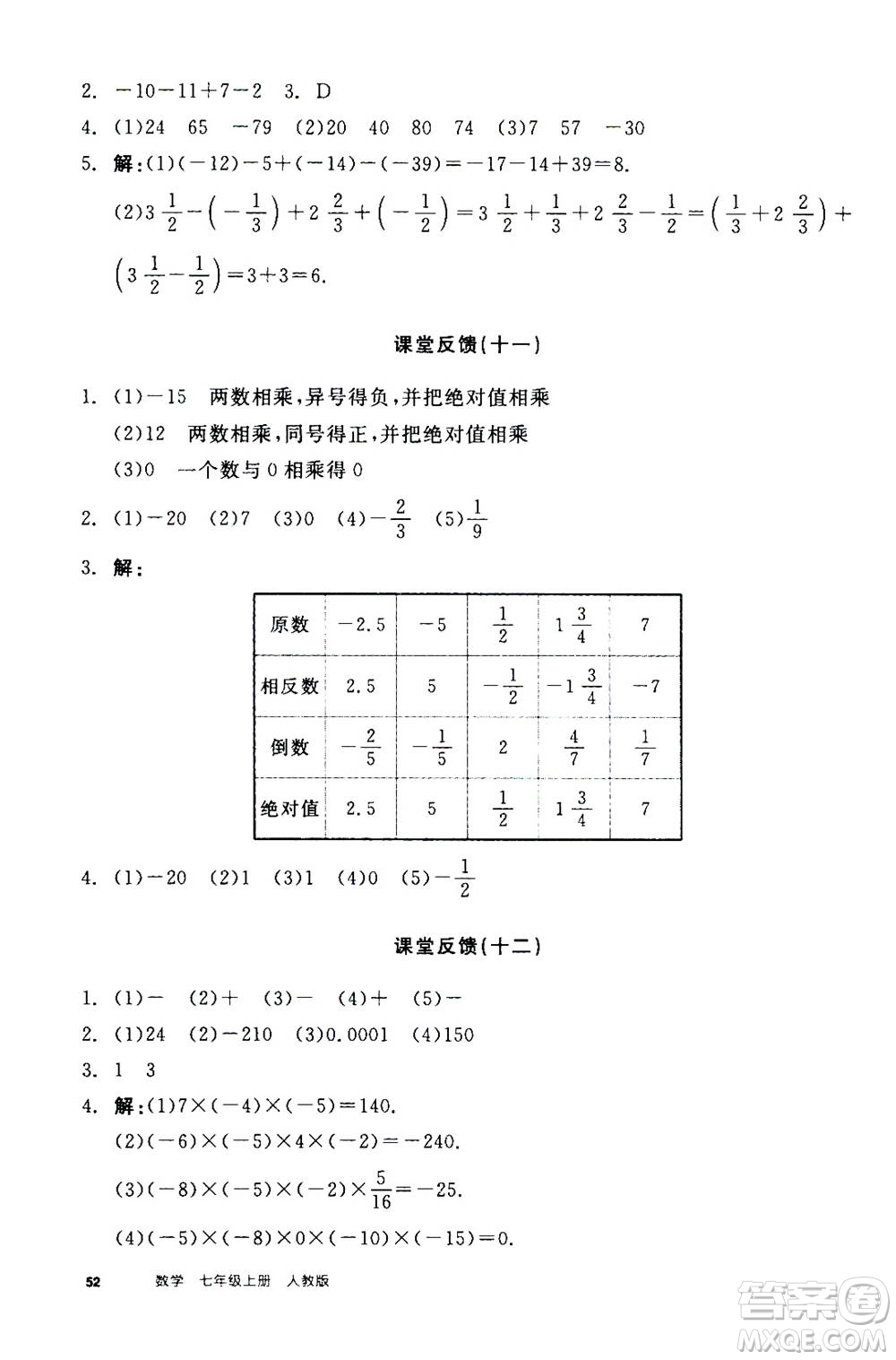 陽光出版社2020年全品學(xué)練考七年級上冊數(shù)學(xué)新課標RJ人教版參考答案