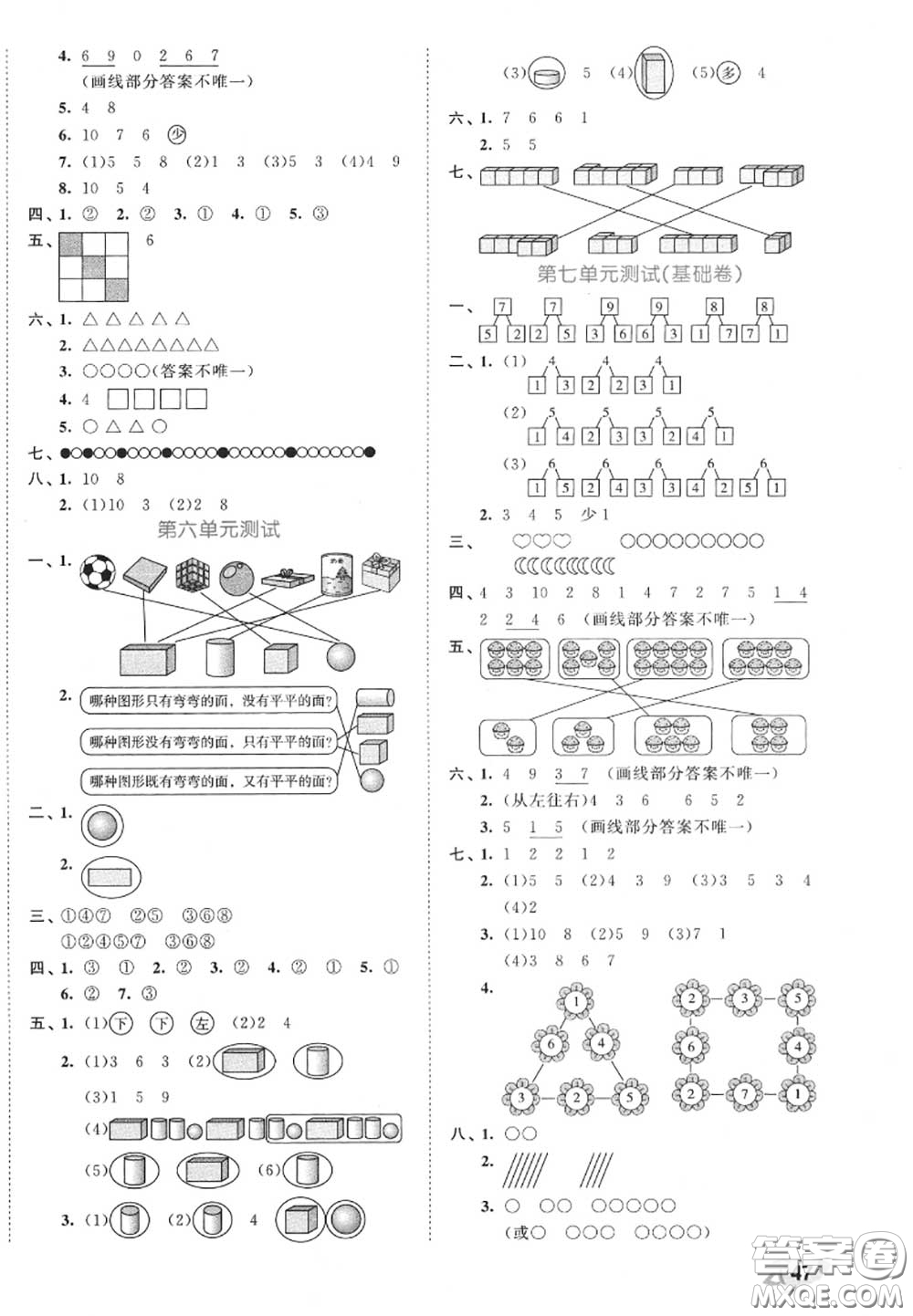 西安出版社曲一線2020秋小兒郎53全優(yōu)卷一年級數(shù)學上冊蘇教版答案