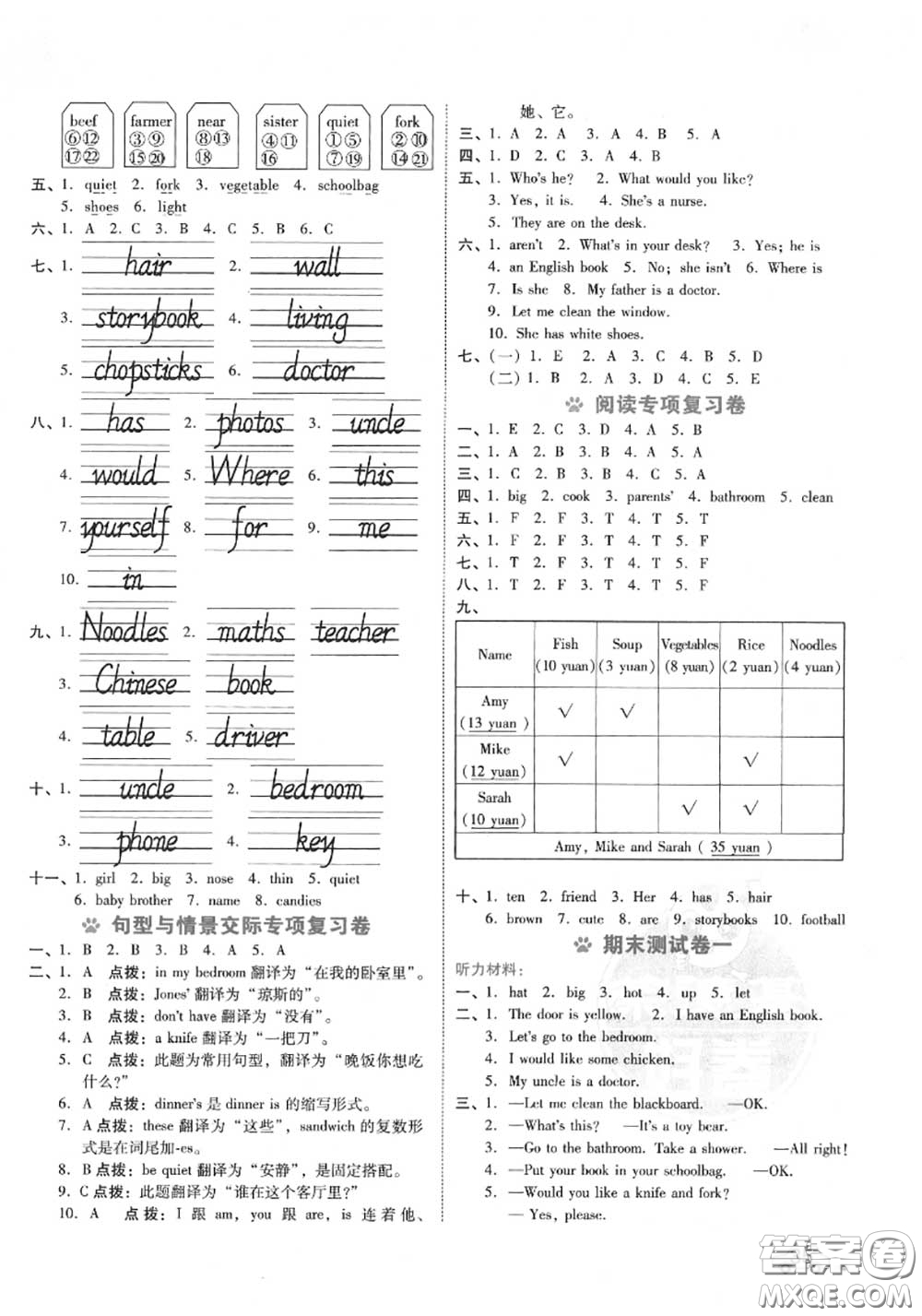 吉林教育出版社2020秋榮德基好卷四年級英語上冊人教版答案