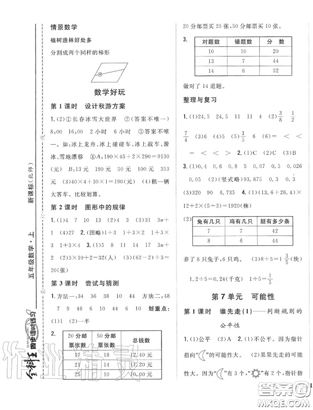 2020秋全科王同步課時練習(xí)五年級數(shù)學(xué)上冊北師版答案