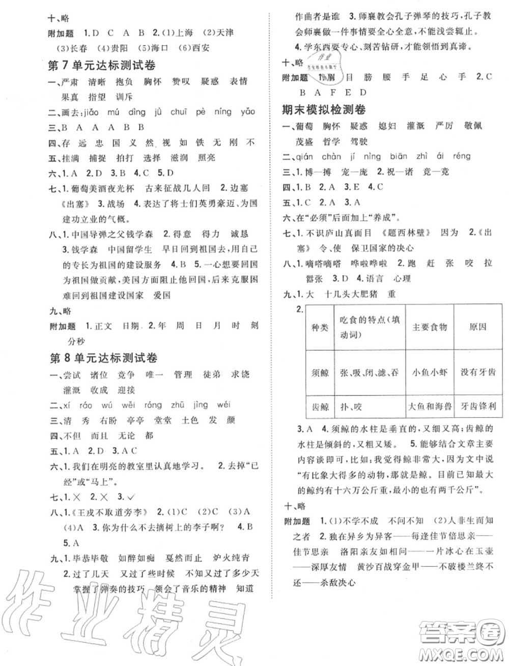 2020秋全科王同步課時練習(xí)四年級語文上冊人教版答案