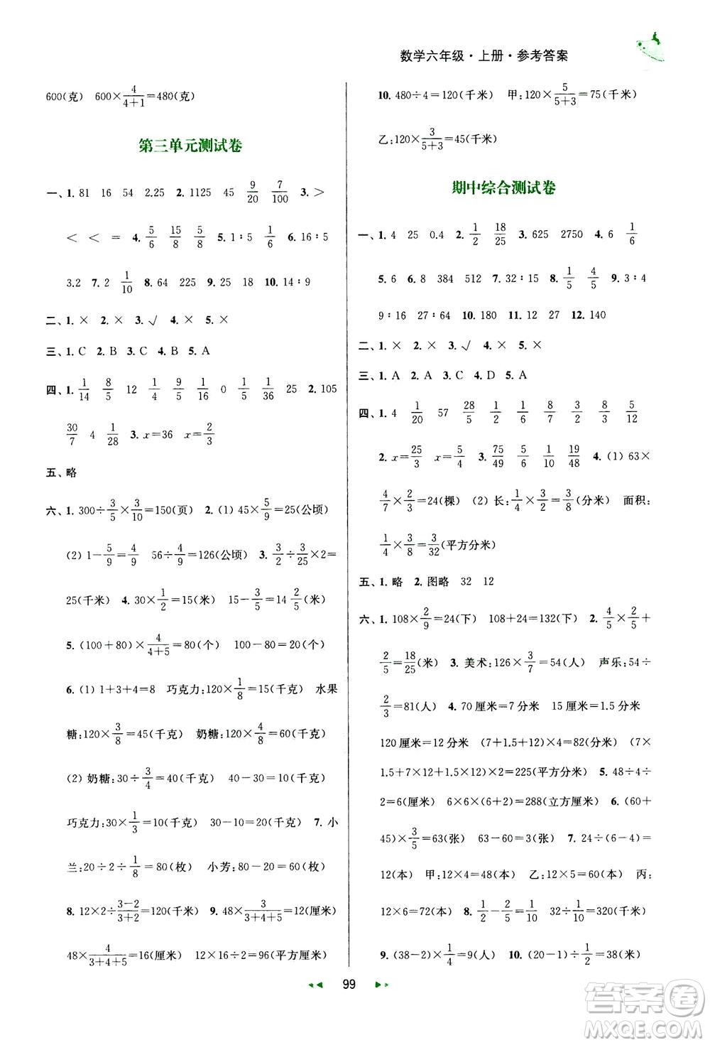 2020秋金鑰匙提優(yōu)訓(xùn)練課課練六年級上冊數(shù)學(xué)國標(biāo)江蘇版參考答案