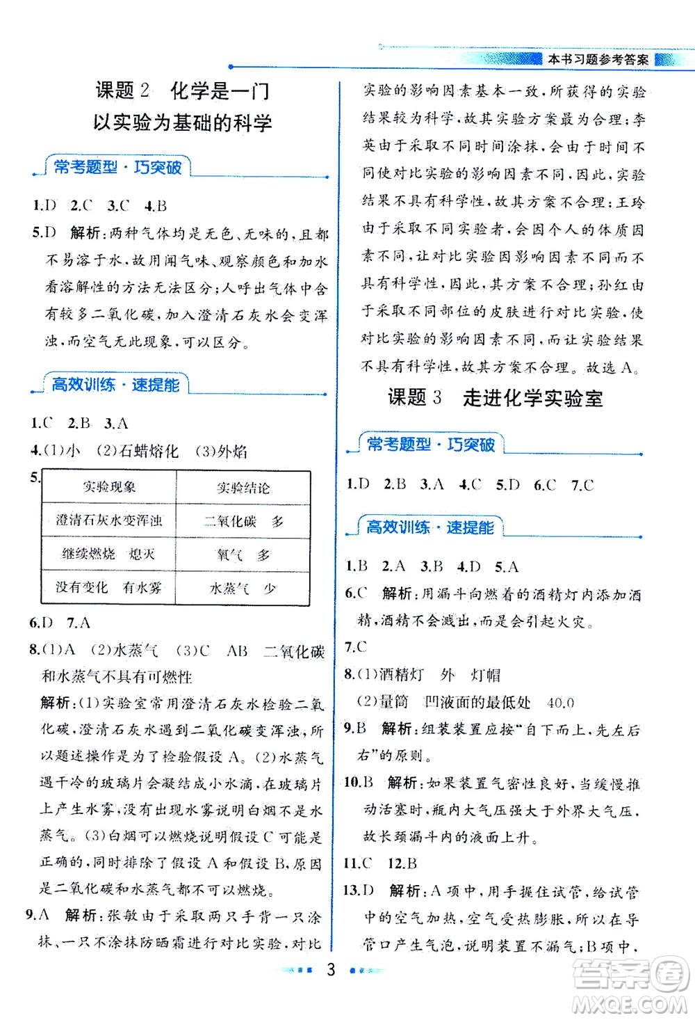 人民教育出版社2020年教材解讀化學九年級上冊人教版參考答案