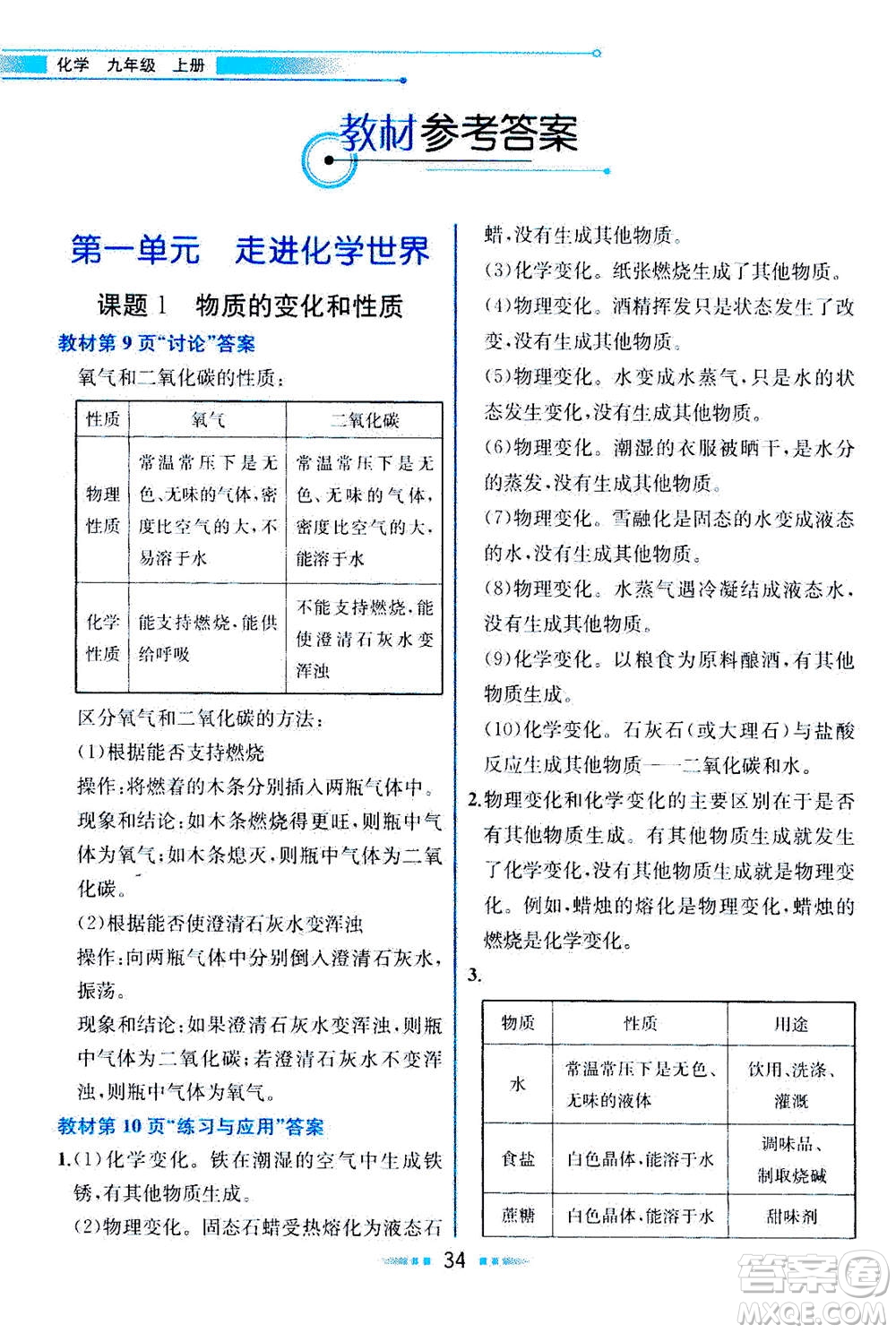 人民教育出版社2020年教材解讀化學九年級上冊人教版參考答案