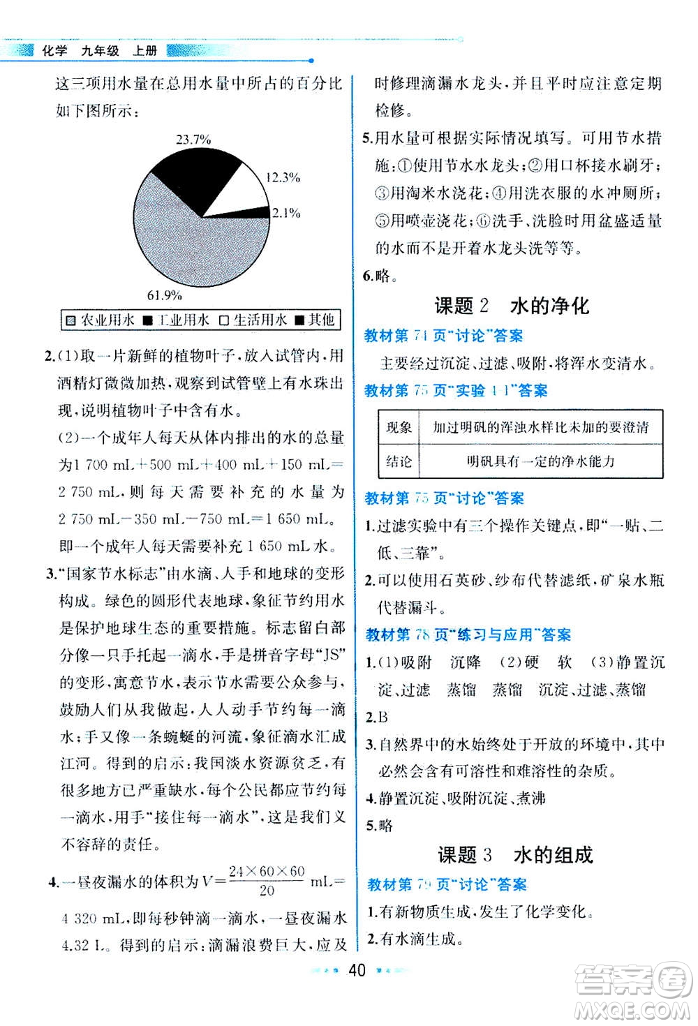 人民教育出版社2020年教材解讀化學九年級上冊人教版參考答案