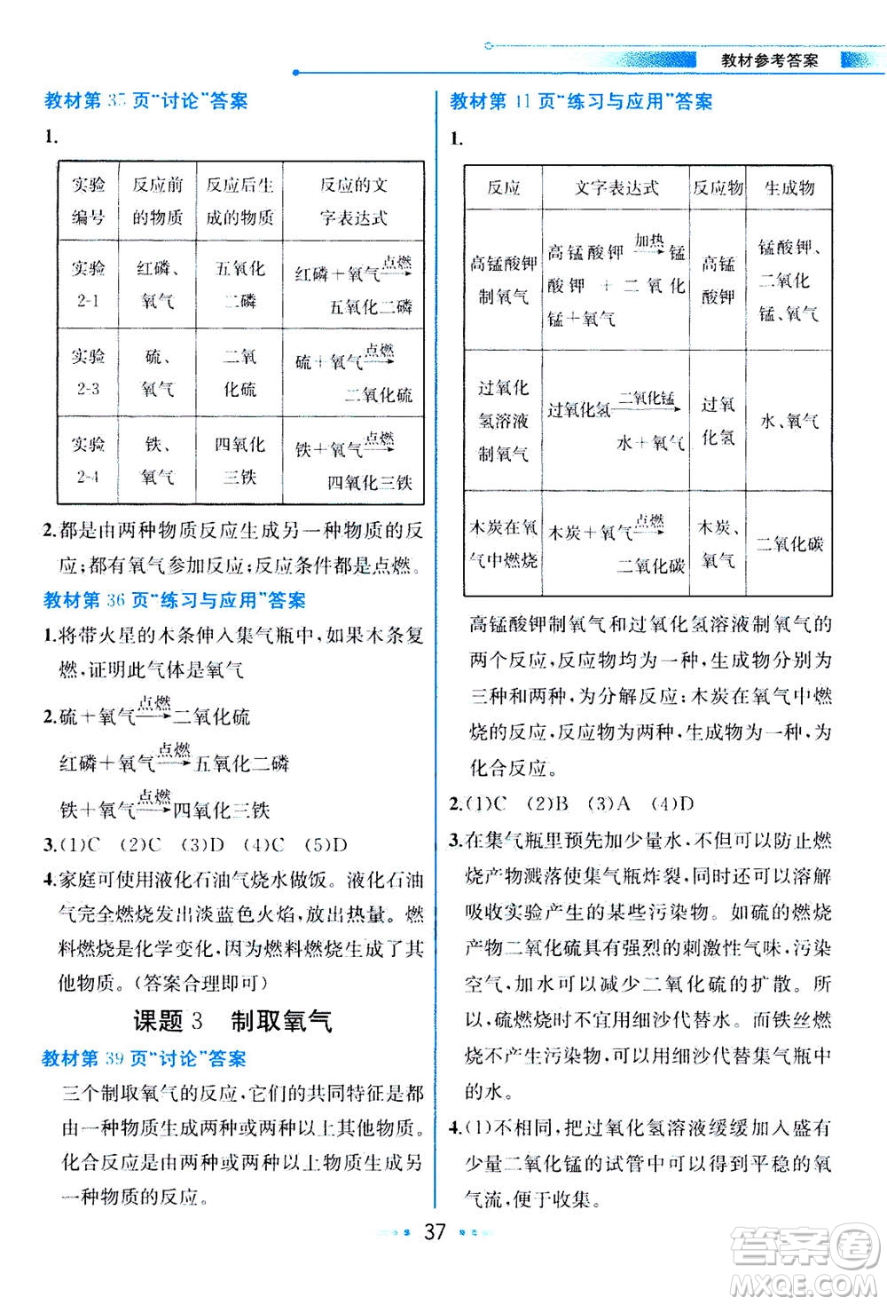 人民教育出版社2020年教材解讀化學九年級上冊人教版參考答案