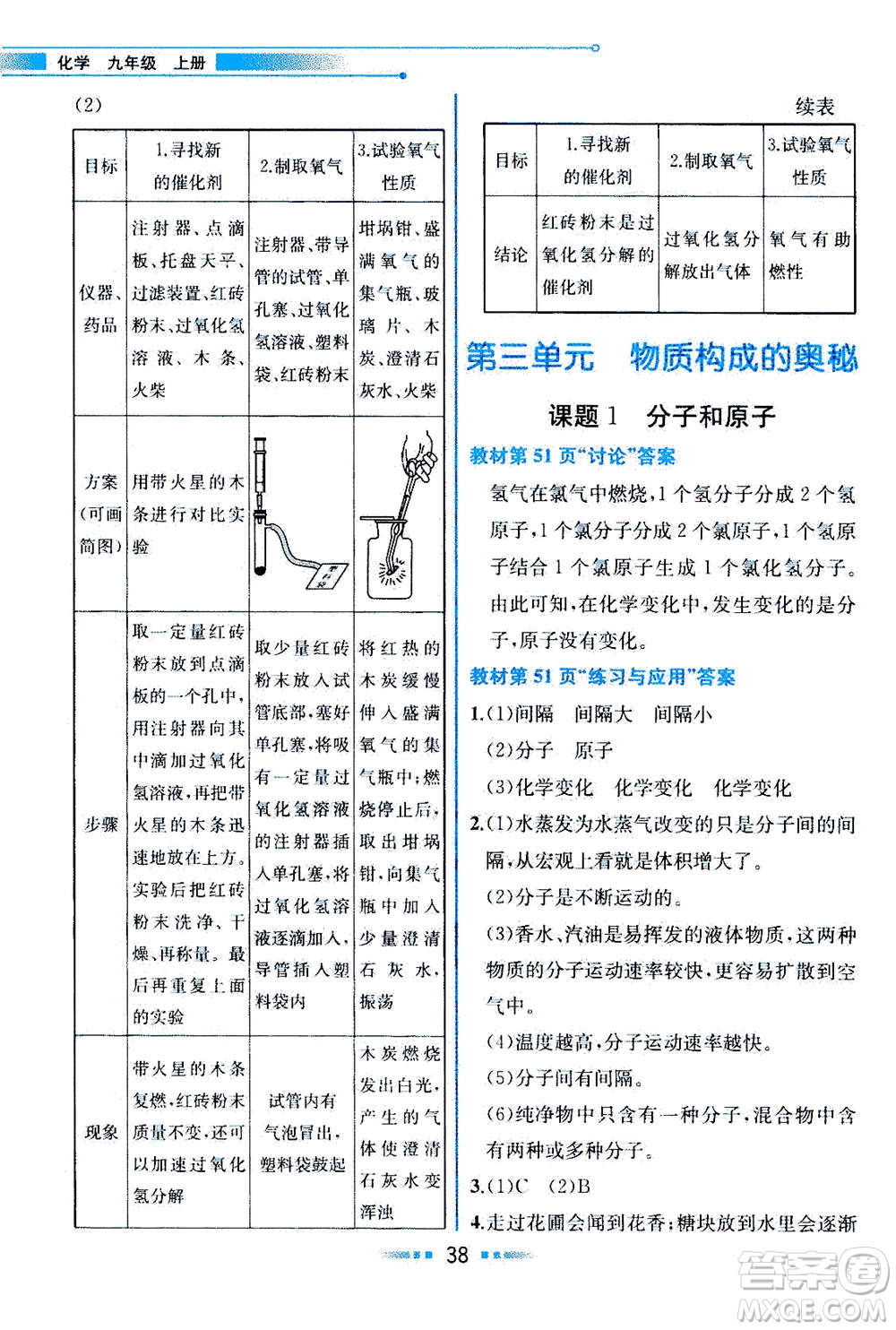 人民教育出版社2020年教材解讀化學九年級上冊人教版參考答案