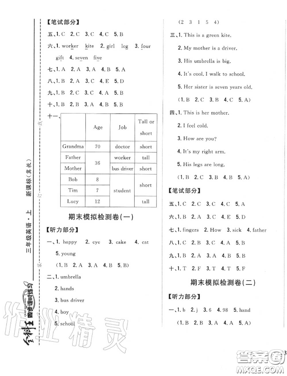 2020秋全科王同步課時(shí)練習(xí)三年級(jí)英語上冊(cè)冀教版答案