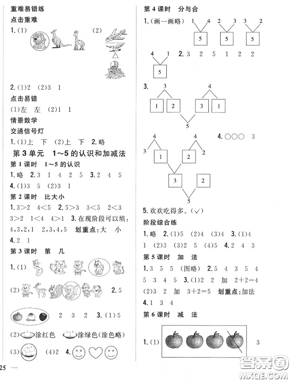 2020秋全科王同步課時(shí)練習(xí)一年級數(shù)學(xué)上冊人教版答案