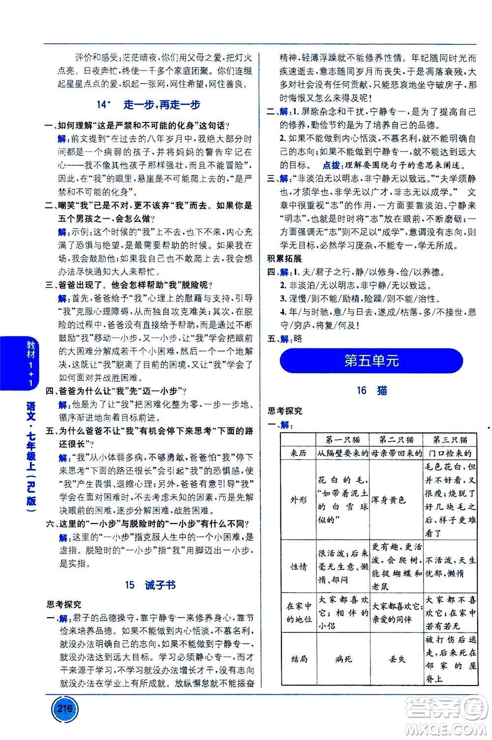 2020年教材1+1全解精練語(yǔ)文七年級(jí)上冊(cè)RJ人教版參考答案