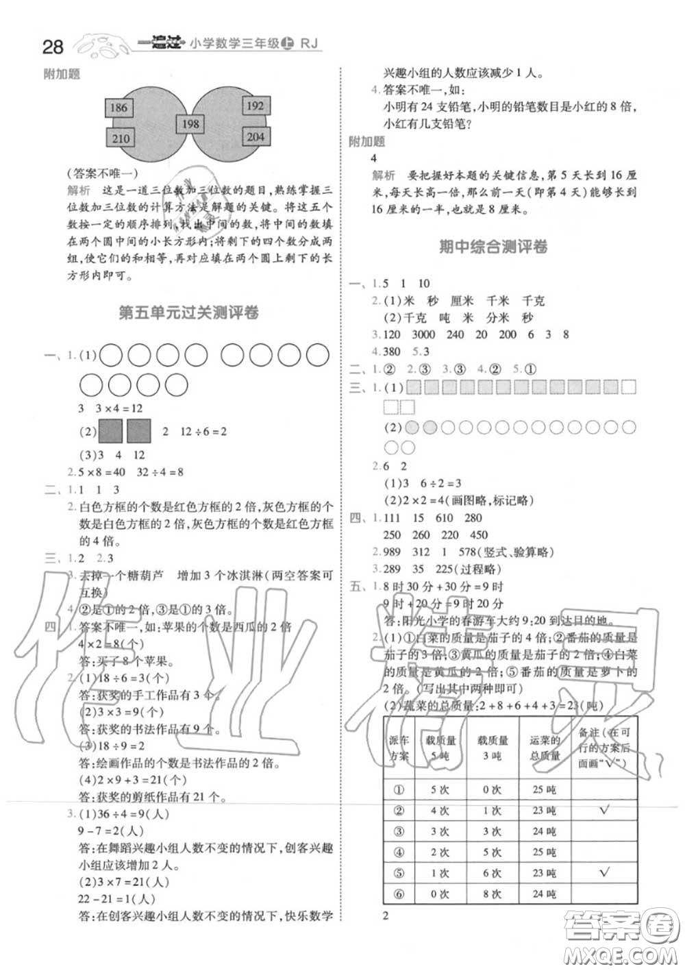 天星教育2020年秋一遍過小學(xué)數(shù)學(xué)三年級(jí)上冊(cè)人教版答案