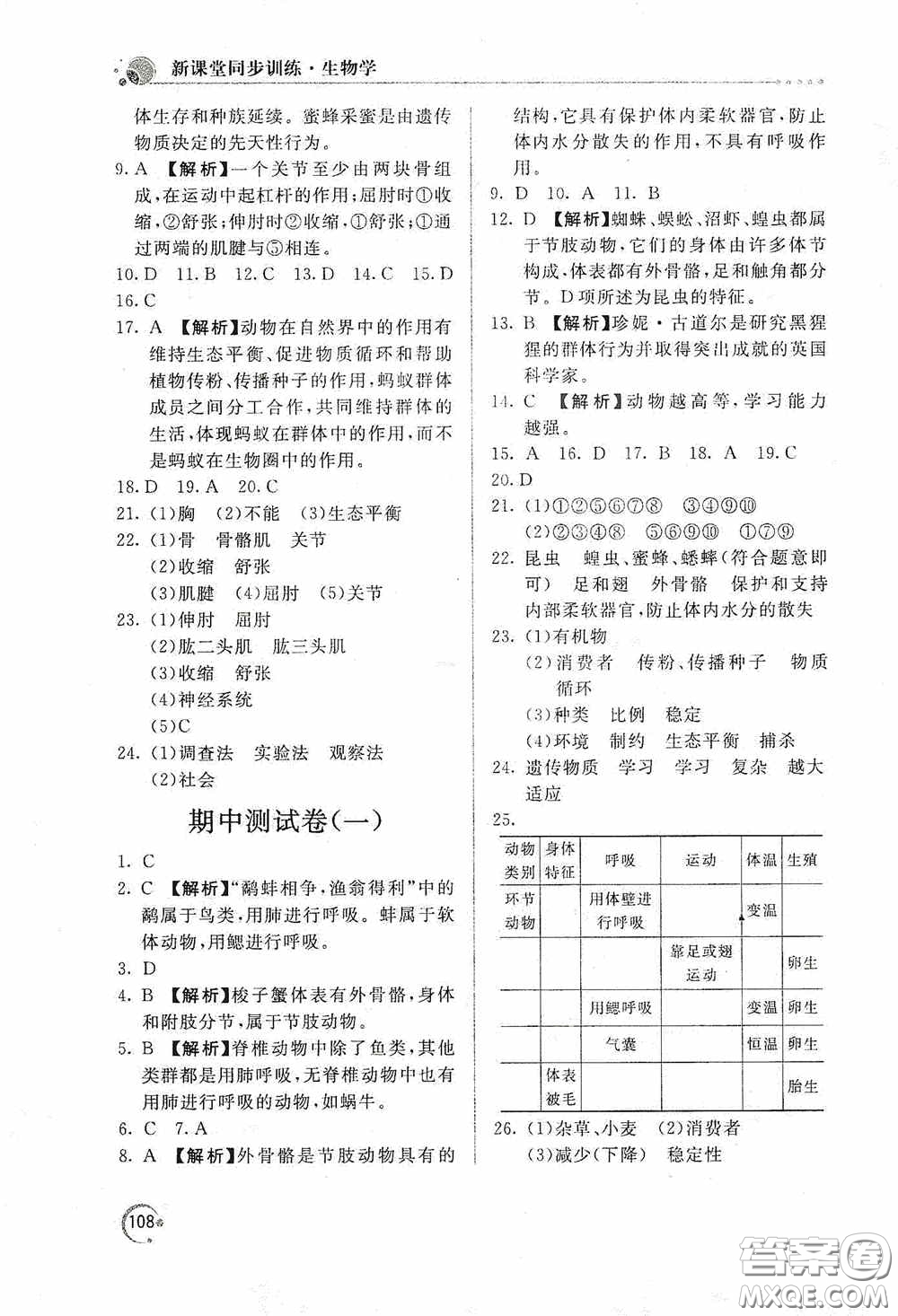 北京教育出版社2020新課堂同步訓練八年級生物學上冊人教版答案