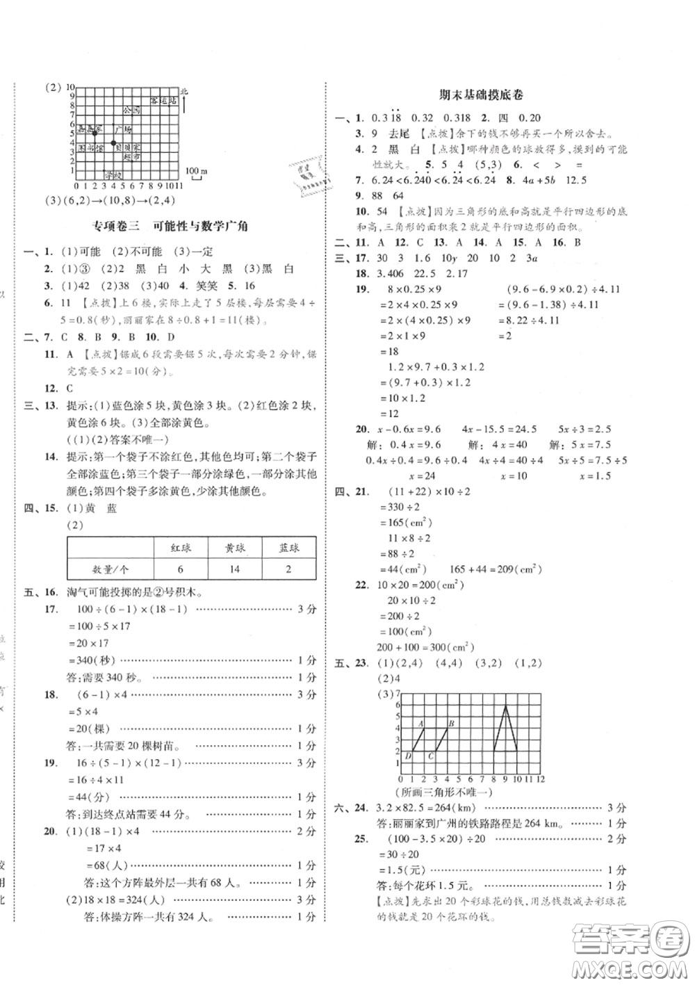 天津人民出版社2020秋全品小復(fù)習(xí)五年級(jí)數(shù)學(xué)上冊人教版答案