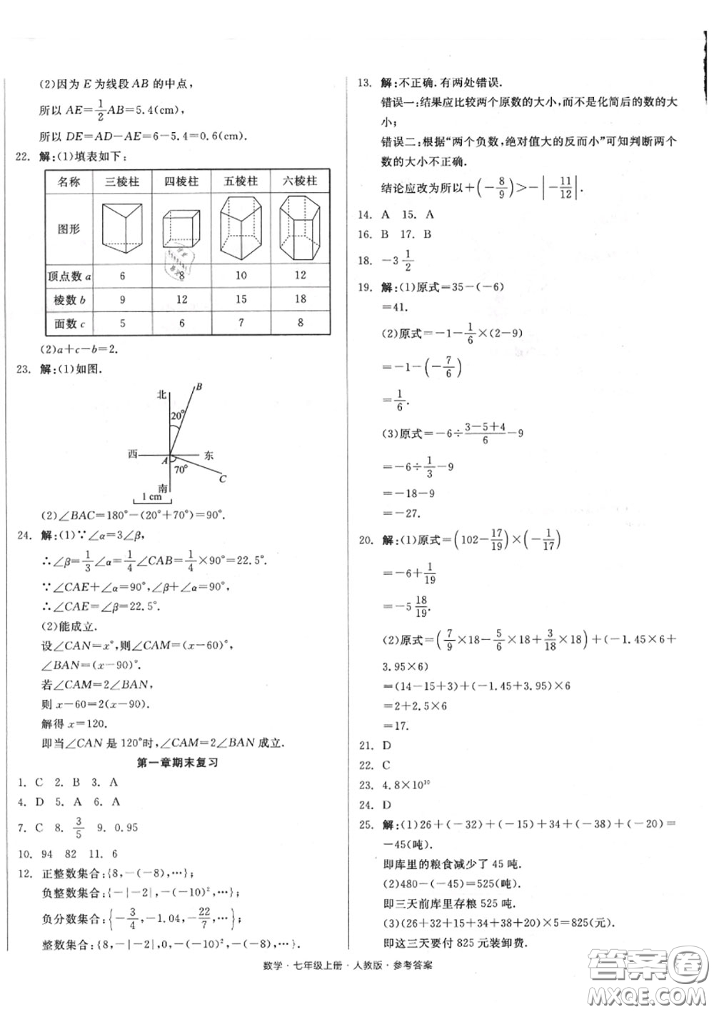 陽光出版社2020秋全品小復(fù)習七年級數(shù)學上冊人教版答案