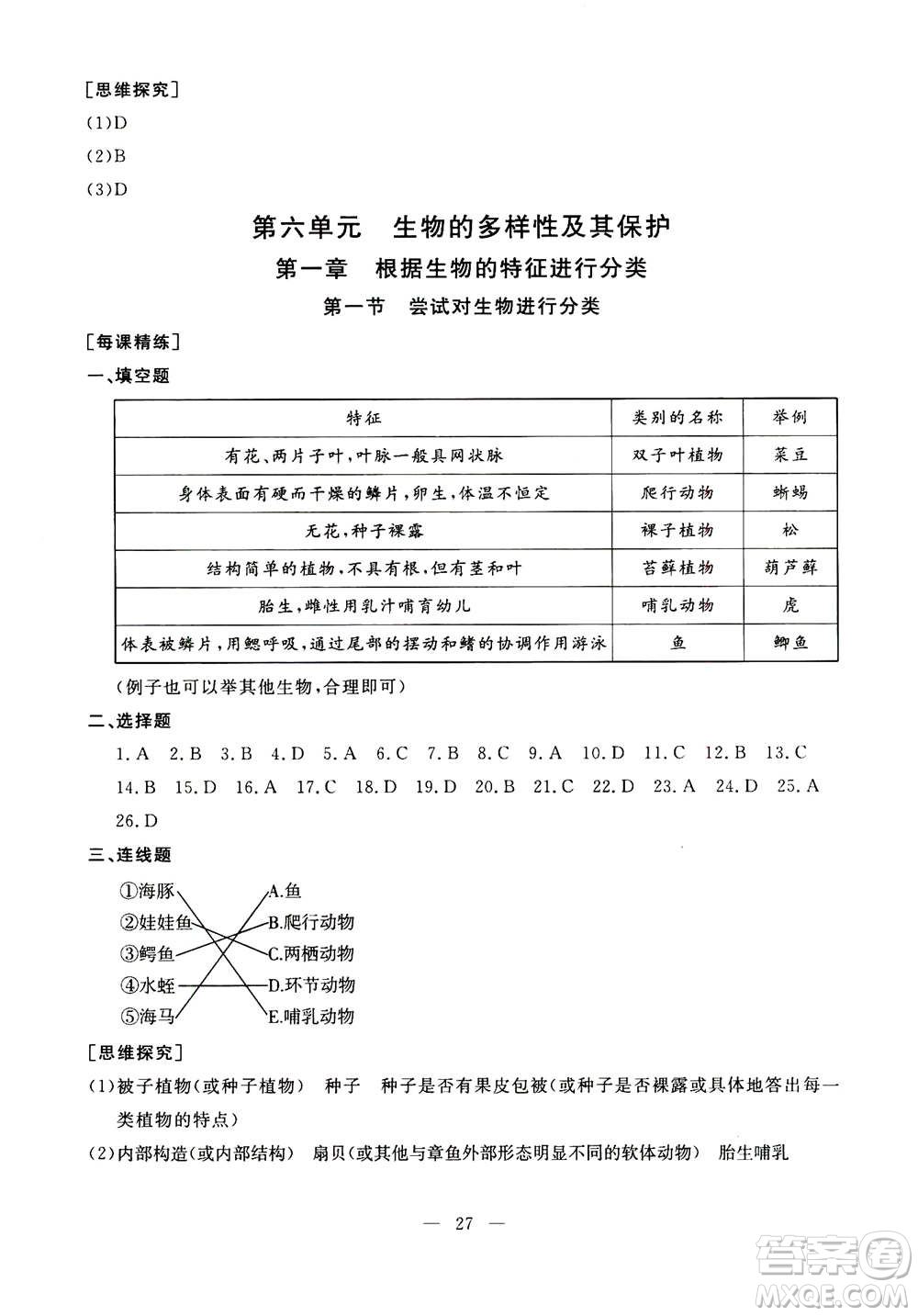 吉林教育出版社2020年一對一同步精練測評生物八年級上冊RJ人教版參考答案