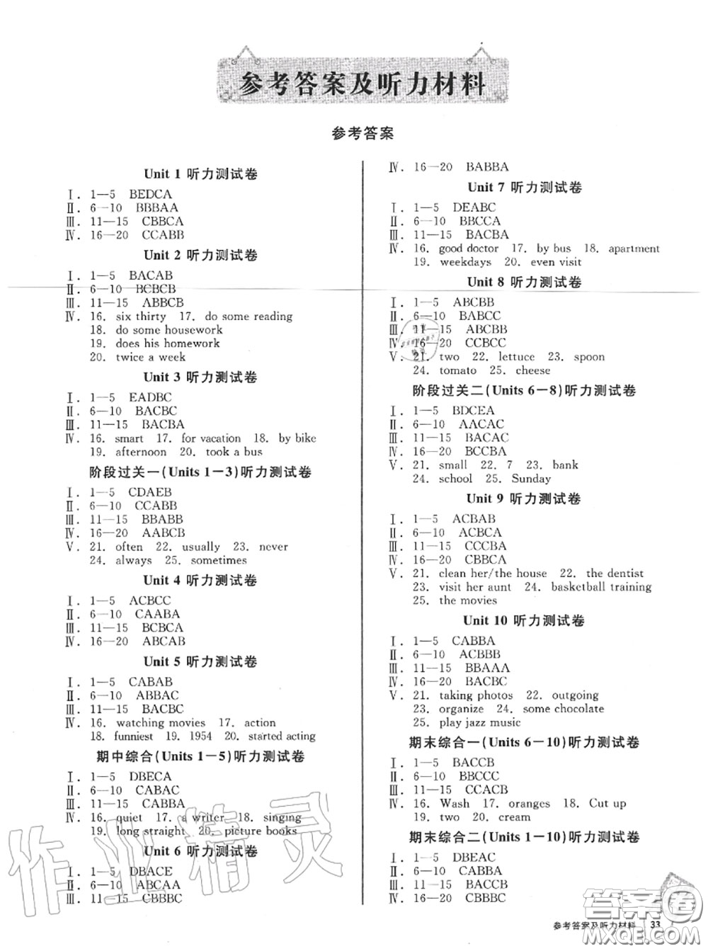 陽光出版社2020秋全品小復習八年級英語上冊人教版答案