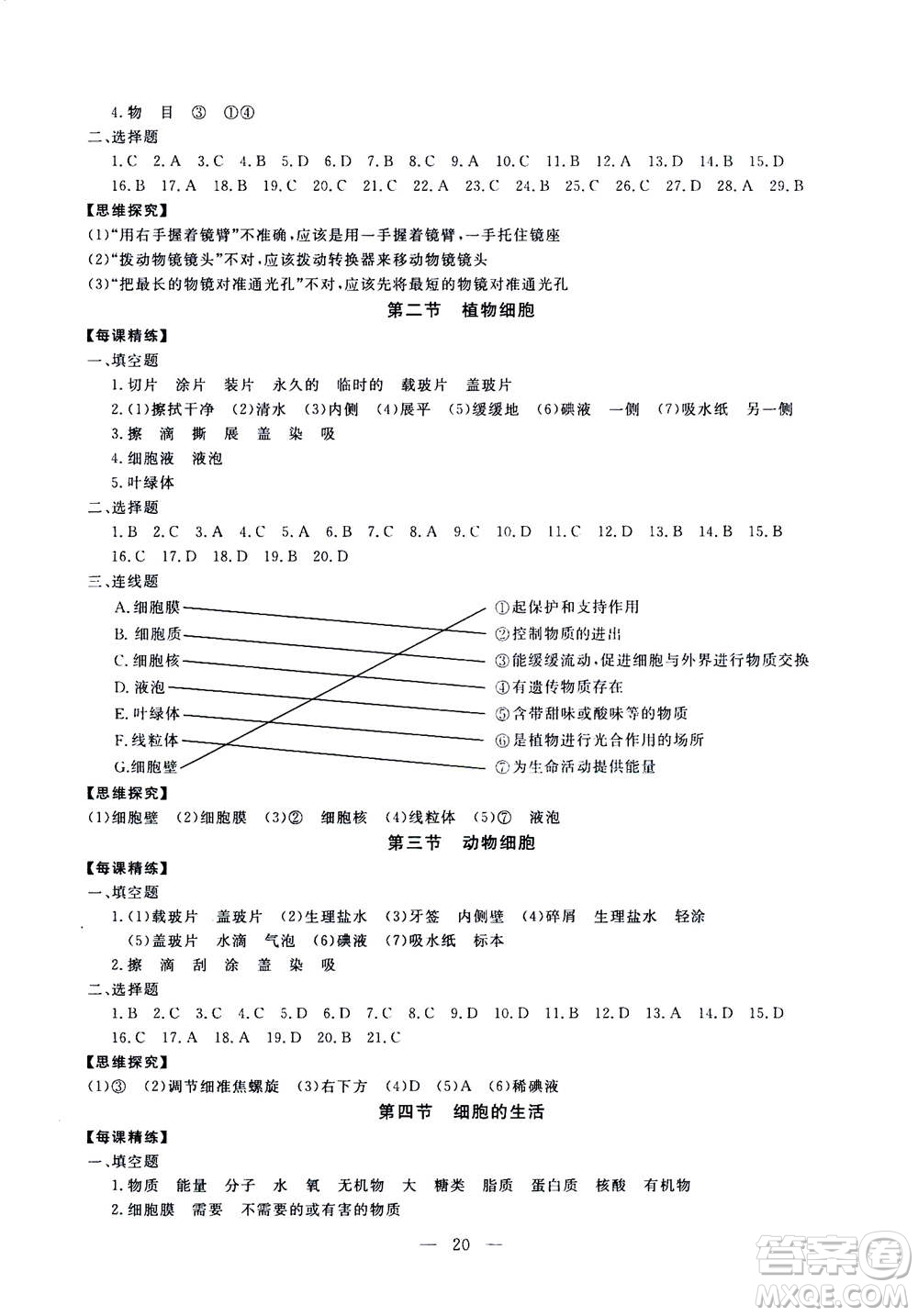 吉林教育出版社2020年一對一同步精練測評生物七年級上冊RJ人教版參考答案