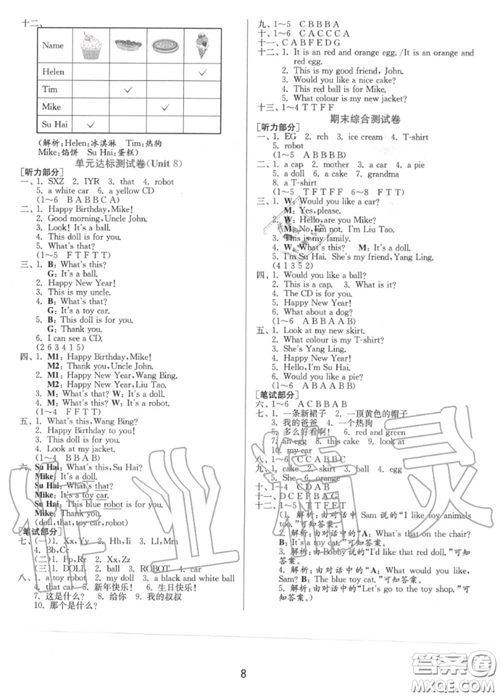 2020秋1課3練單元達標測試三年級英語上冊譯林版參考答案