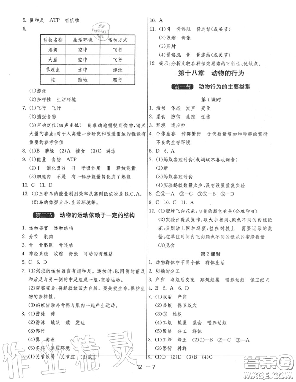 2020秋1課3練單元達(dá)標(biāo)測(cè)試八年級(jí)生物上冊(cè)蘇教版參考答案