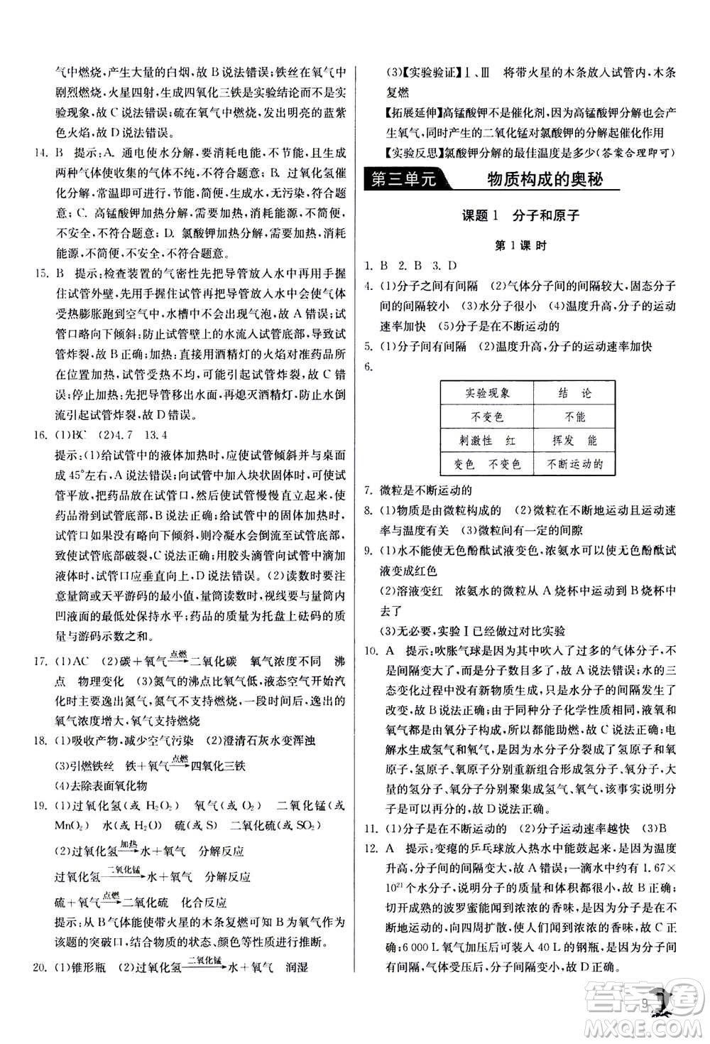 江蘇人民出版社2020年實(shí)驗(yàn)班提優(yōu)訓(xùn)練九年級(jí)上化學(xué)RMJY人教版答案