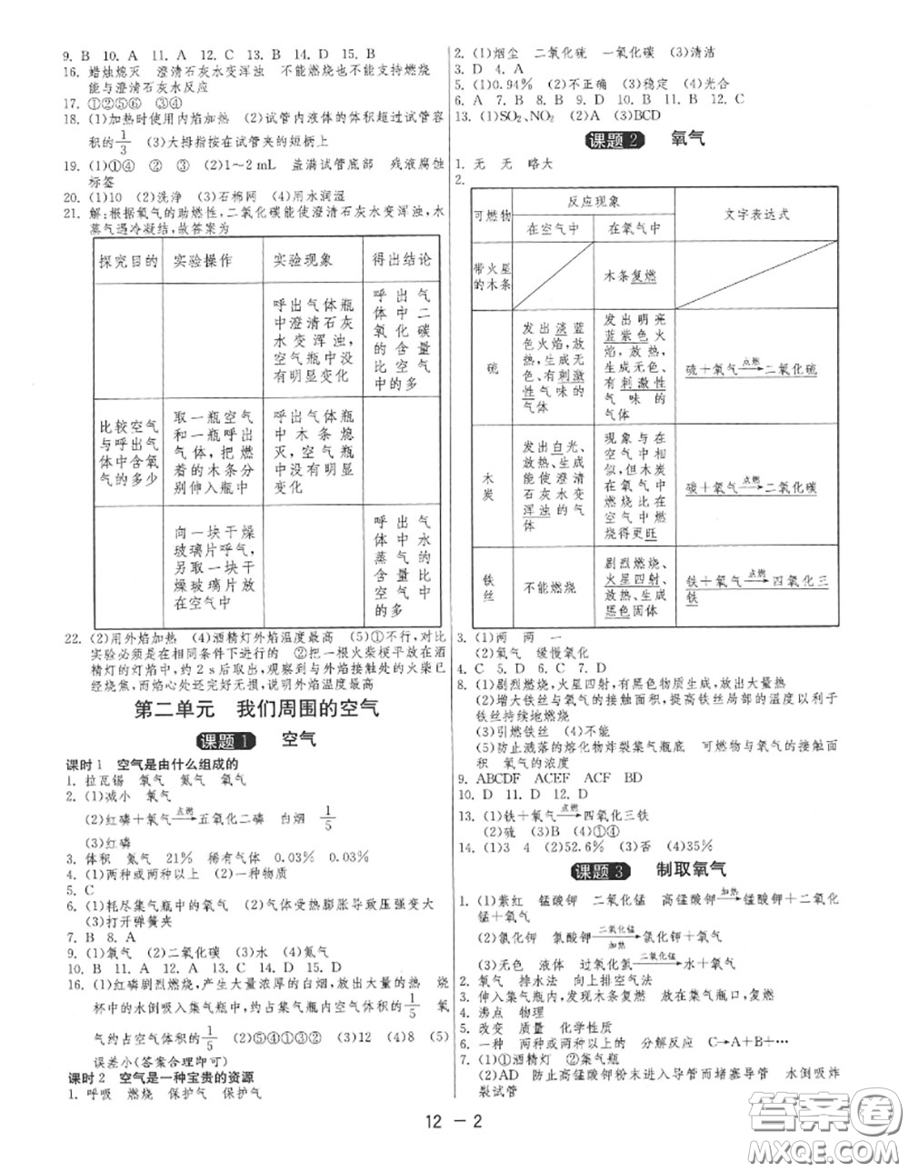 2020秋1課3練單元達標測試九年級化學上冊人教版參考答案